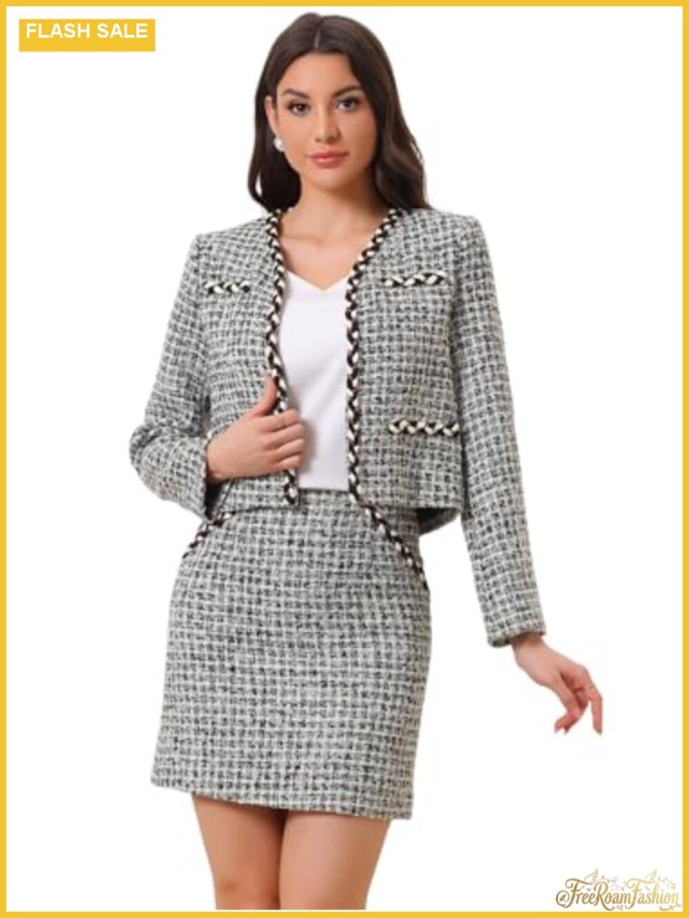 Tweed Plaid Skirt Set Cropped Blazer Mini Skirt Business Casual